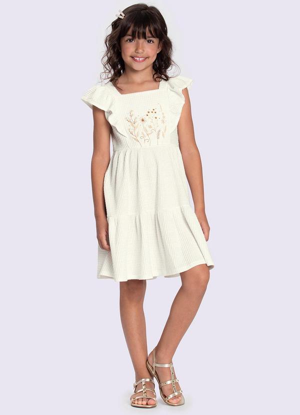 Alakazoo - Vestido Midi Infantil com Bordado Floral Branco