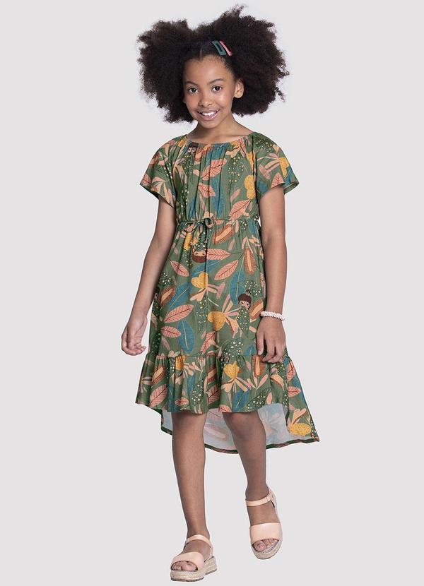 Alakazoo - Vestido Midi Infantil em Malha Estampado com Babado Verde