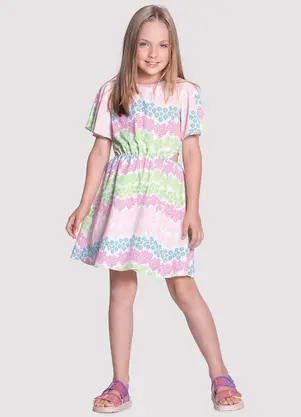 Alakazoo - Vestido Midi Infantil em Tecido Plano Estampado Rosa - ALAKAZOO