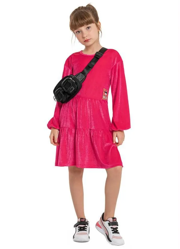 Gloss - Vestido Midi Infantil em Veludo Rosa