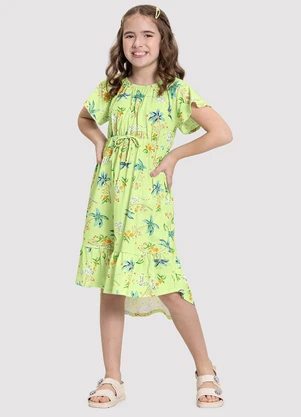 Alakazoo - Vestido Midi Infantil Menina em Malha Estampado Verde - ALAKAZOO