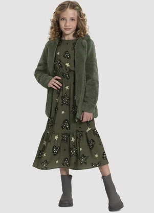 Alakazoo - Vestido Midi Infantil Menina em Viscose Estampado Verde - ALAKAZOO