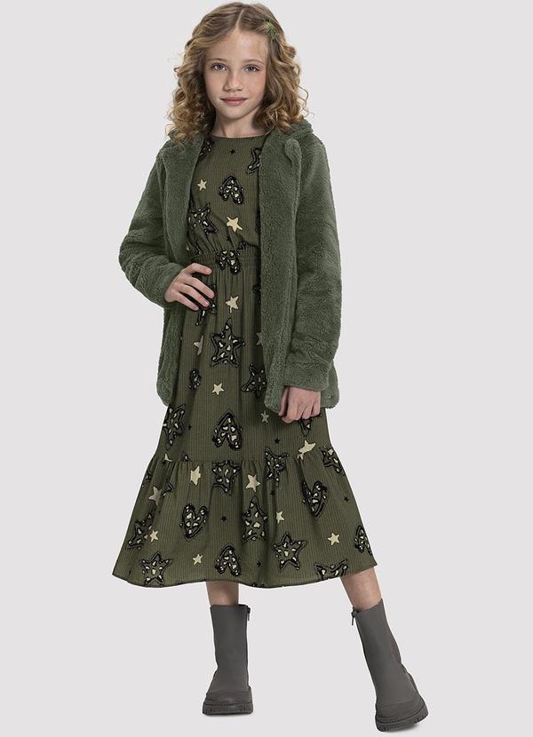Alakazoo - Vestido Midi Infantil Menina em Viscose Estampado Verde