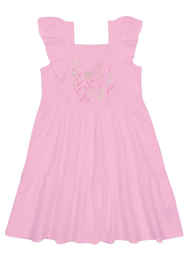 Alakazoo - Vestido Midi Menina com Bordado Floral Rosa