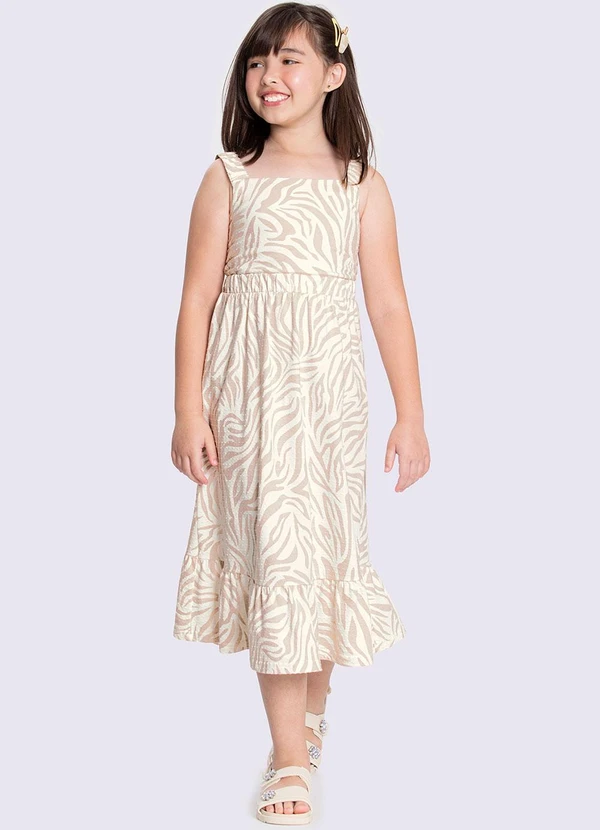 Alakazoo - Vestido Midi Menina com Estampa Zebra Bege