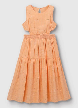 Carinhoso - Vestido Mídi Poá Metalizado Laranja Pastel - CARINHOSO