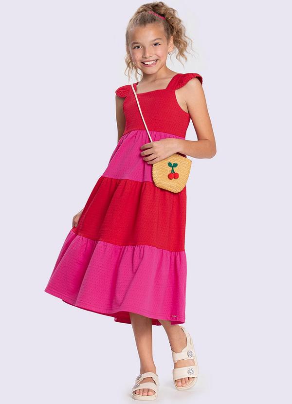 Alakazoo - Vestido Midi Texturizado com Babados Vermelho