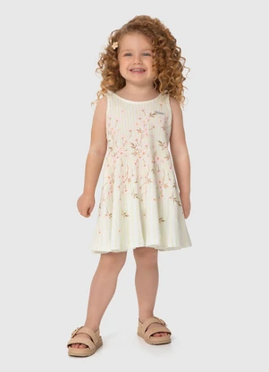 Carinhoso - Vestido Off White Godê Listrado em Texturizada - CARINHOSO