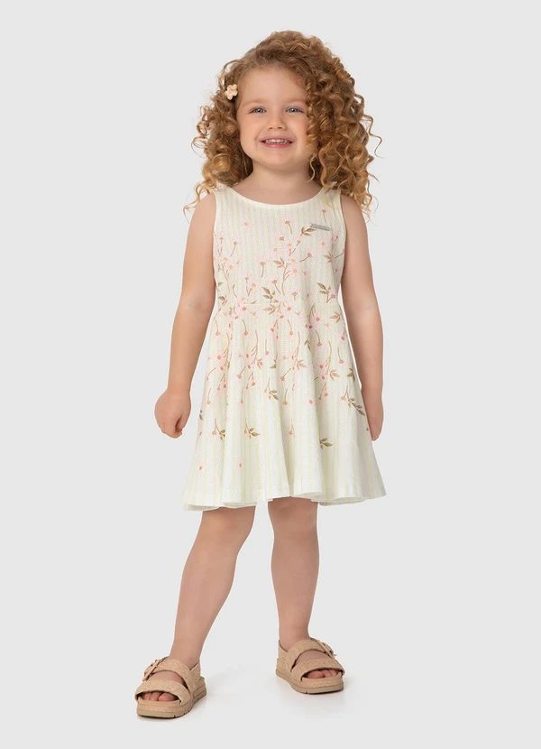 Carinhoso - Vestido Off White Godê Listrado em Texturizada