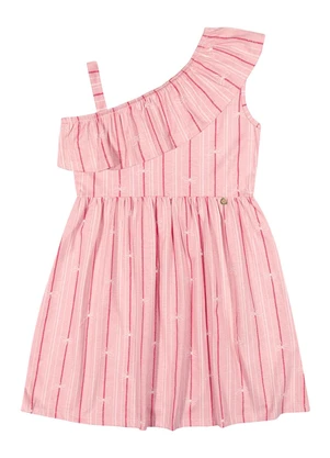 Outlet - Vestido Ombro Único Listrado Menina Rosa  - OUTLET