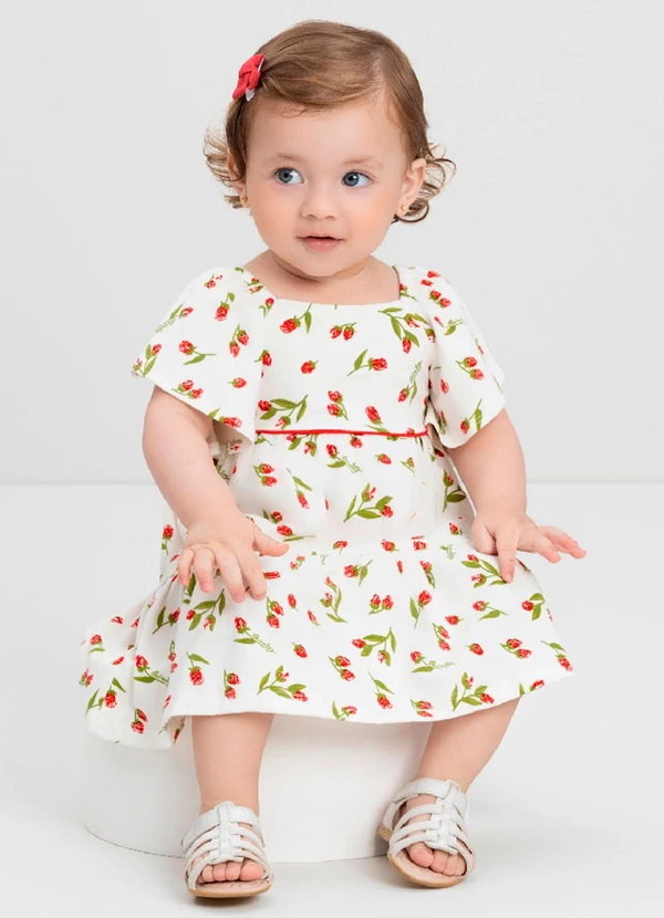 Quimby - Vestido para Bebê em Cotton com Flores Quimby Bege