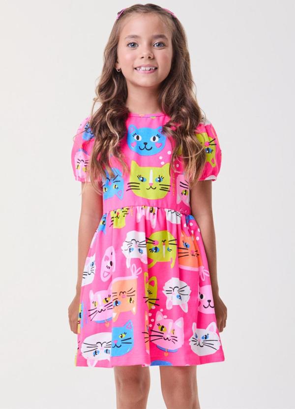 Bimbi - Vestido Pink de Gatinhos com Manga Bufante Pink