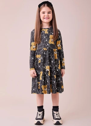 Momi - Vestido Preto com Estampa de Urso Preto - MOMI