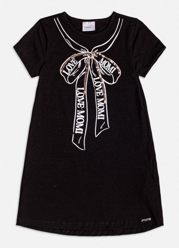 Momi - Vestido Preto com Laço Bordado de Paetê Preto