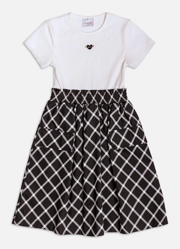 Momi - Vestido Preto com Saia Geométrica Branco