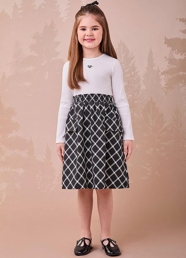 Momi - Vestido Preto com Saia Xadrez Branco