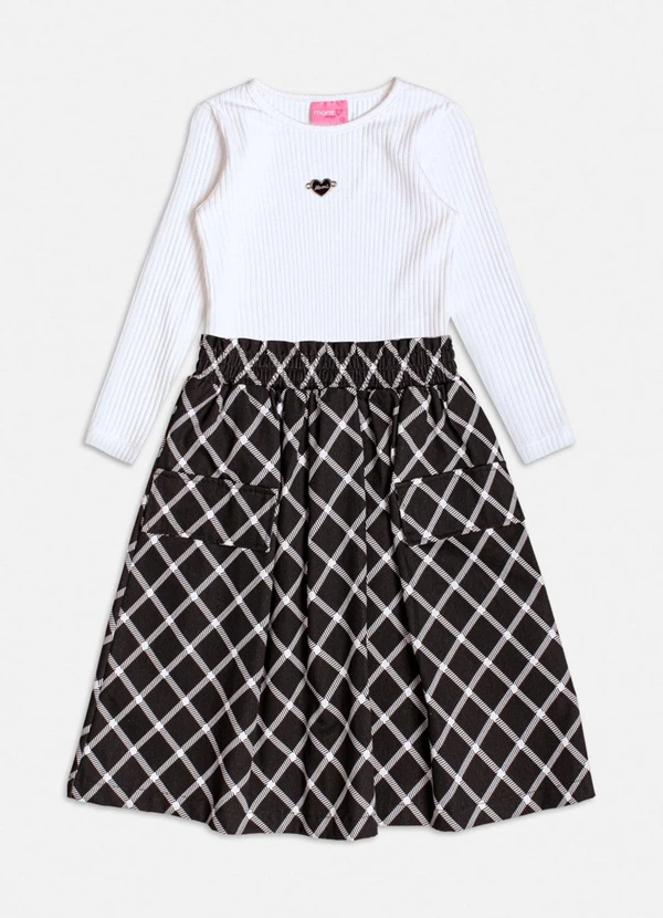 Momi - Vestido Preto com Saia Xadrez Branco 3