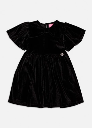 Momi - Vestido Preto de Veludo Cotelê com Laço Marinho - MOMI