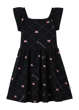 Malwee Kids - Vestido Rodado Acinturado Corações Preto - MALWEE KIDS