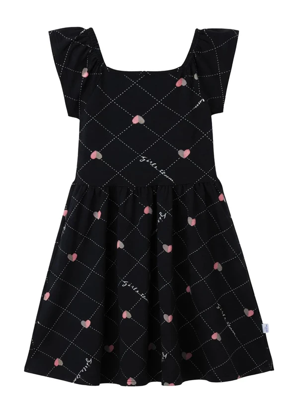 Malwee Kids - Vestido Rodado Acinturado Corações Preto