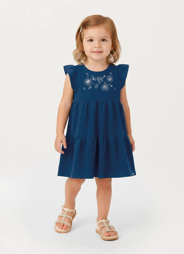 Carinhoso - Vestido Rodado Acinturado Floral Azul Escuro