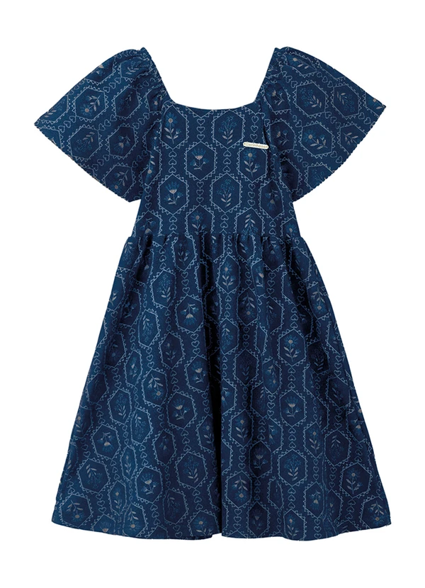 Carinhoso - Vestido Rodado Acinturado Floral Azul Marinho
