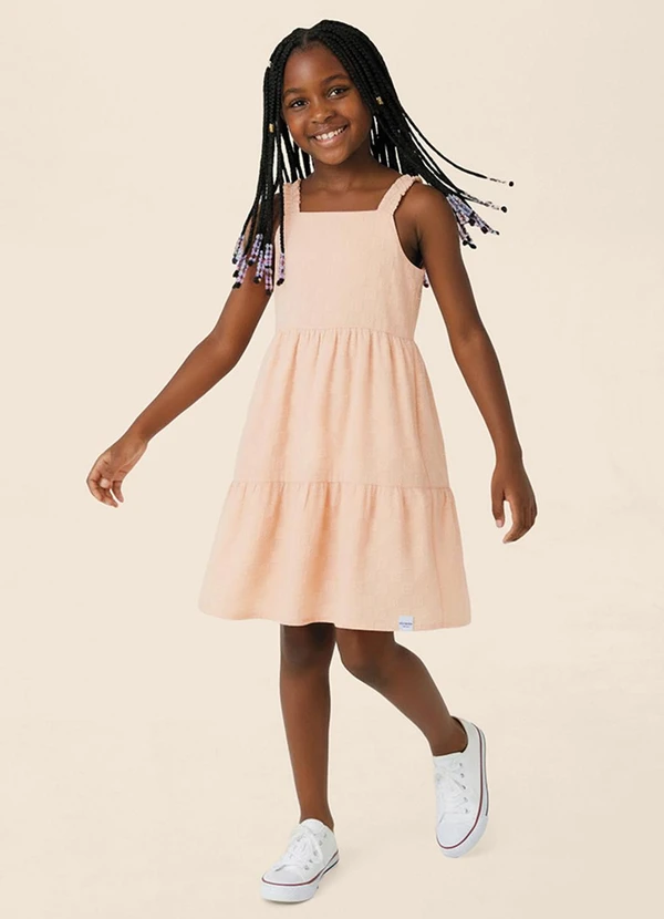 Malwee Kids - Vestido Rodado Acinturado Maquinetado Pêssego