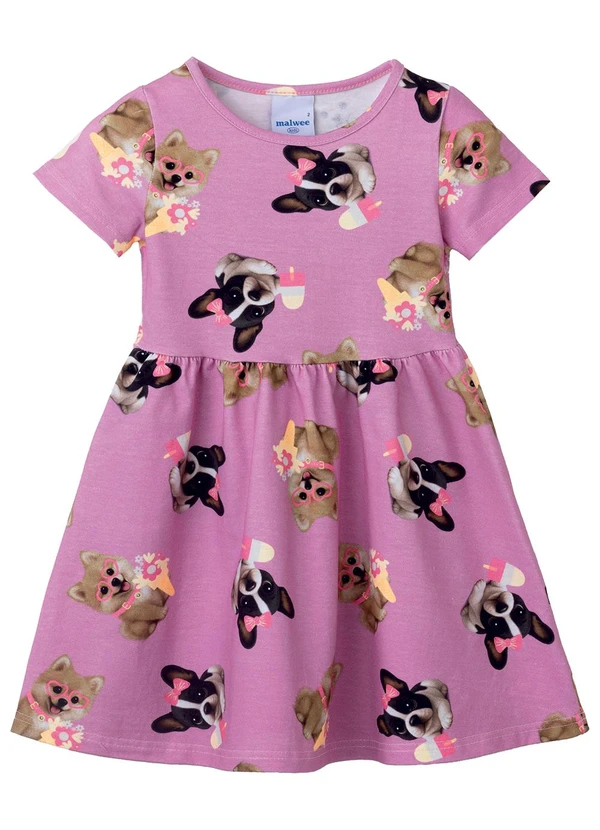 Malwee Kids - Vestido Rodado Cachorrinhos em Cotton Rosa Malva