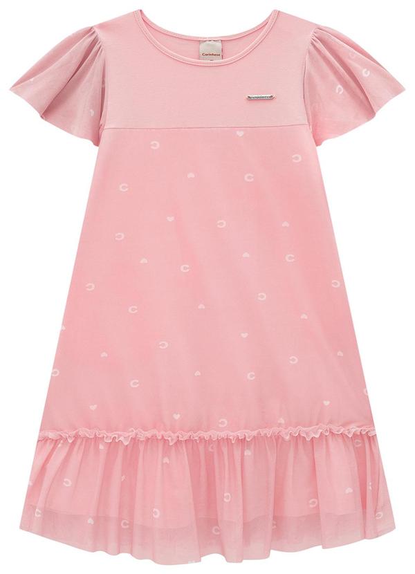 Carinhoso - Vestido Rosa Evasê Corações em Tule