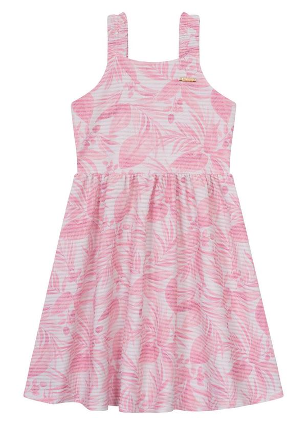 Carinhoso - Vestido Rosa Evasê Folhagens em Moletinho