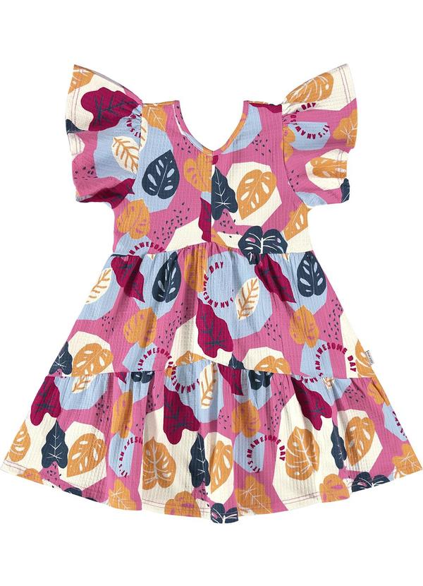 Malwee Kids - Vestido Rosa Folhagens Texturizado