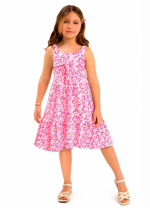 Duduka - Vestido Rotativo Flores com Amarração Rosa