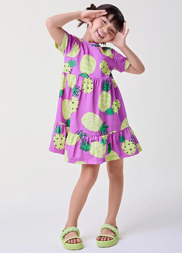 Bimbi - Vestido Roxo com Fruit Print de Abacaxis Roxo