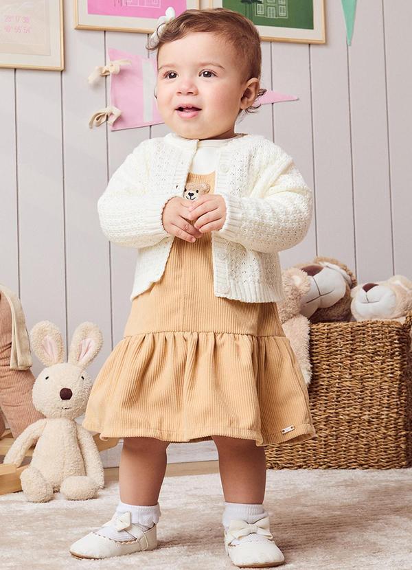 Momi - Vestido Salopete de Veludo Cotelê Bege Branco