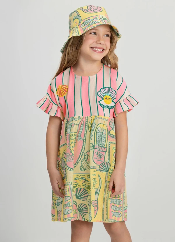 Três e Já - Vestido Sereia Infantil em Cotton Três e Já Rosa