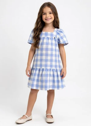 Pulla Bulla - Vestido Tecido Fio Tinto e Meia Malha Azul - PULLA BULLA