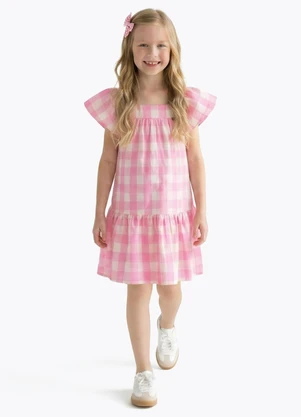 Pulla Bulla - Vestido Tecido Fio Tinto e Meia Malha Rosa - PULLA BULLA