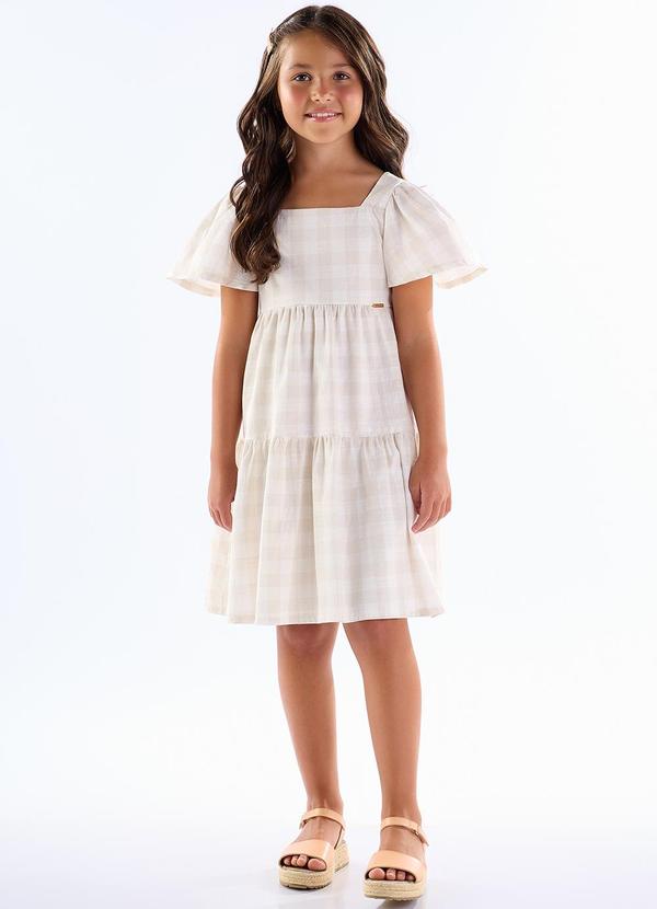 Pulla Bulla - Vestido Tecido Xadrez Fio Tinto e Helanca Bege