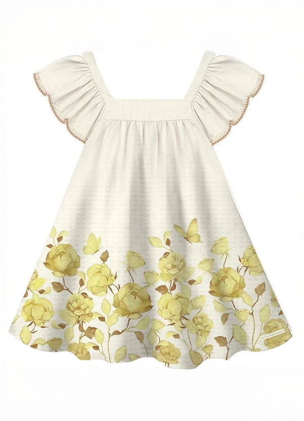 Carinhoso - Vestido Texturizado Flores e Borboleta Off White 1