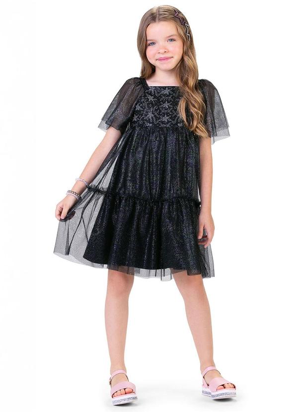 Alenice - Vestido Tule com Brilho Menina Preto