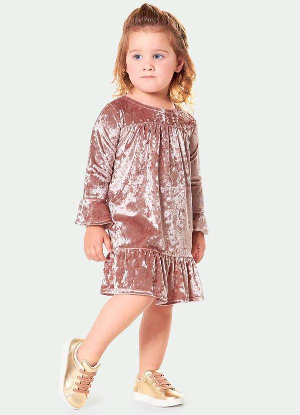 Marisol - Vestido Veludo Manga Longa Infantil Rosa