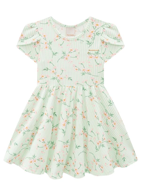 Carinhoso - Vestido Verde Claro Godê Listrado com Flores