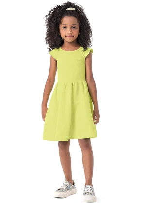 Carinhoso - Vestido Verde Limão Evasê com Bordado Menina - CARINHOSO
