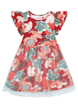 Carinhoso - Vestido Vermelho Godê Floral com Tule - CARINHOSO