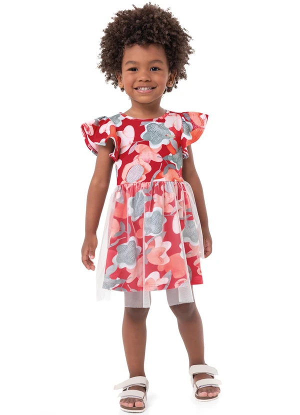 Carinhoso - Vestido Vermelho Godê Floral com Tule