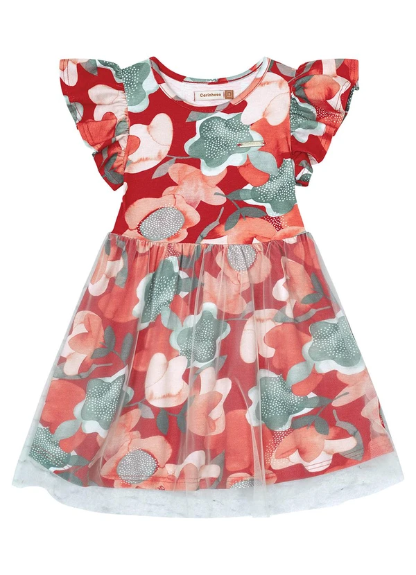 Carinhoso - Vestido Vermelho Godê Floral com Tule 2