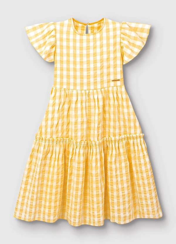 Carinhoso - Vestido Vichy Mídi em Anarruga Amarelo