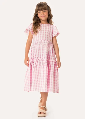 Carinhoso - Vestido Vichy Mídi em Anarruga Rosa Claro - CARINHOSO
