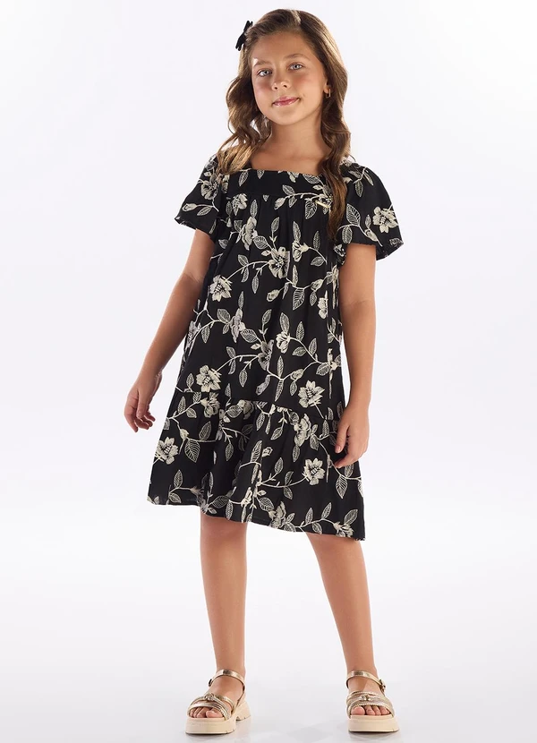 Pulla Bulla - Vestido Viscose Bordada e Malha Fosse Preto