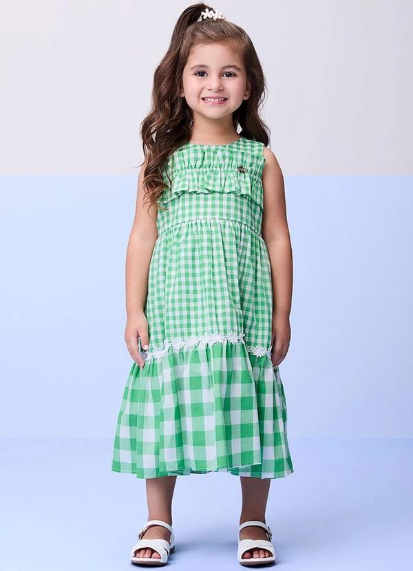 Momi - Vestido Xadrez com Babado Verde Limão